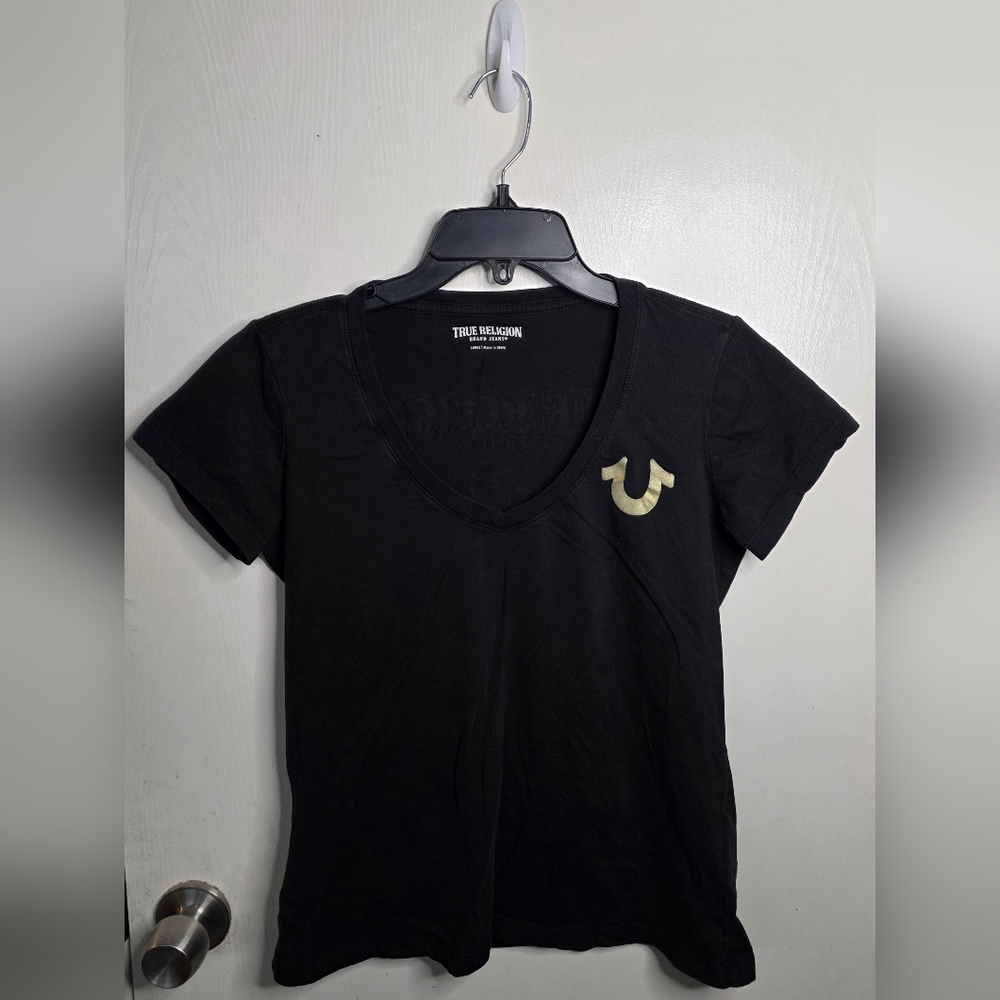 True Religion Buddha Black Short Sleeve V Neck Tee with Gold Logo